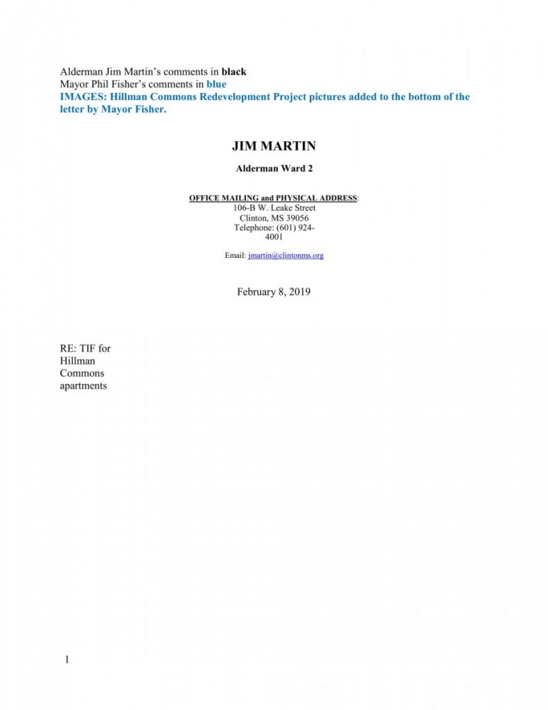 Hillman Commons TIF Progress Jim Martin Letter with Mayor Fisher Responses The Clinton Courier