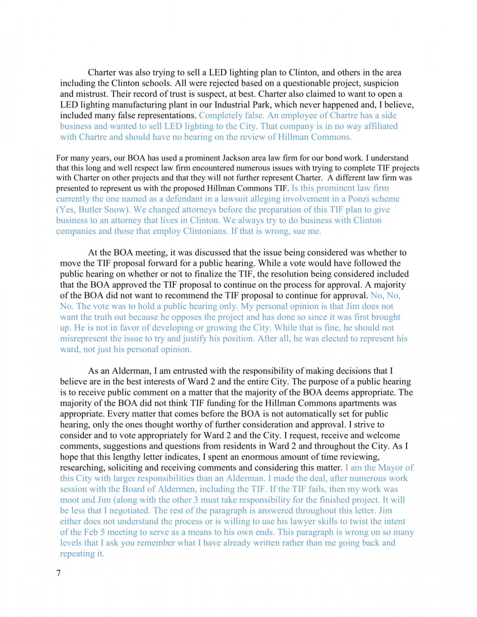 Hillman Commons TIF Progress Jim Martin Letter with Mayor Fisher Responses The Clinton Courier
