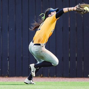 Rayne Minor of Mississippi College's softball team makes catch
