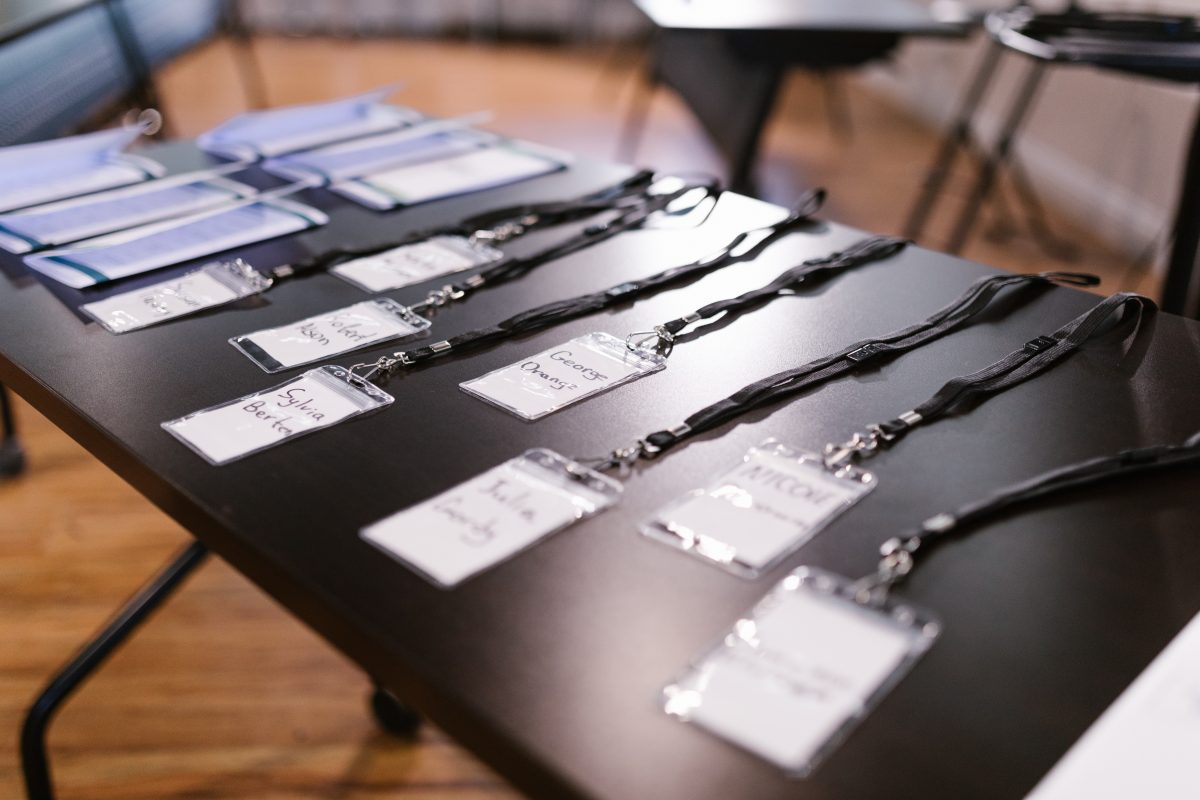 name badges for event sitting on table