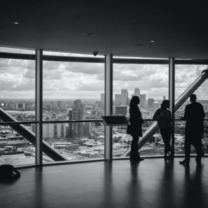 A group of people standing by large windows