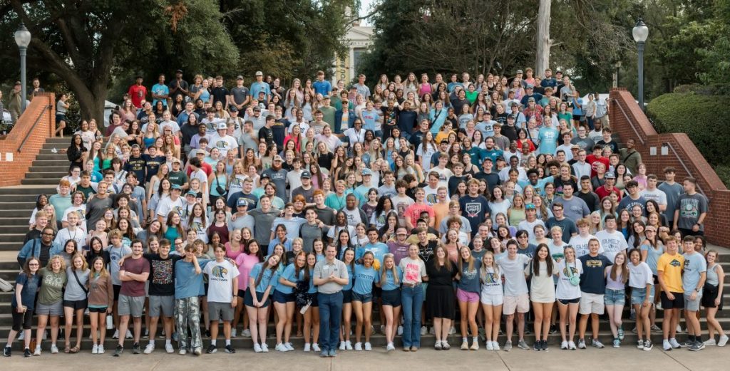 Mississippi College President Blake Thompson is pictured with the largest incoming class of students in Mississippi College's history.