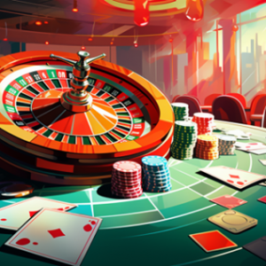 betting boom. Casino table with cards, chips, and roulette table