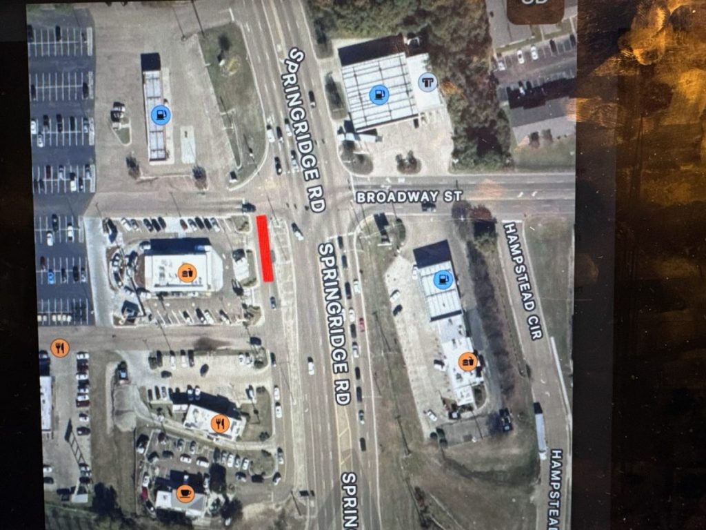 This map highlights the frontage road area in front of McDonald’s, where access from the Springridge Road intersection is now closed. The McDonald’s entrance and exit on the frontage road are still accessible, but they must be reached via a left-hand turn from the road between McDonald’s and Taco Bell. McDonald’s says the change is hurting their business.