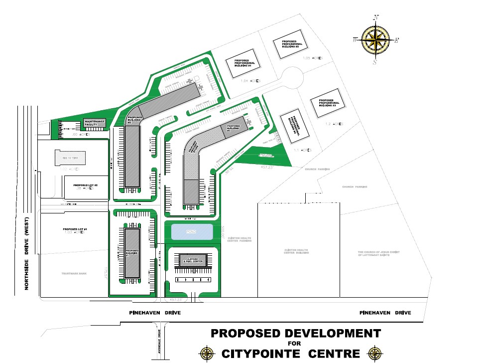 Shown is the proposed site plan for the Pinehaven Road development. The Board of Aldermen have denied a conditional use permit for the convenience store/gas station.