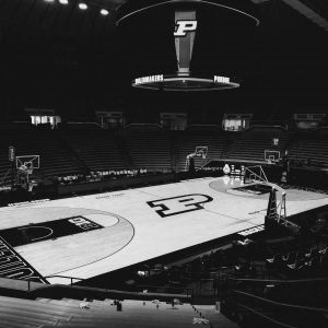 empty basketball court in black and white