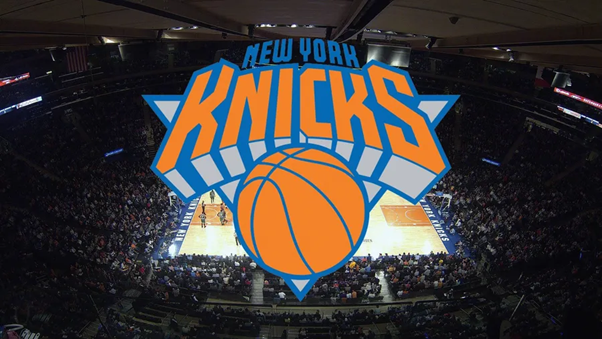 New York Knicks Basketball Logo with Arena in background