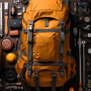 backpack with boots tools and other items on a table