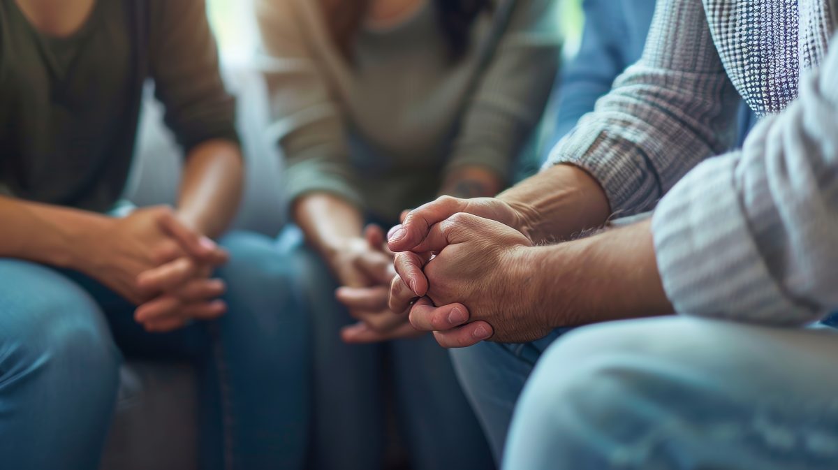 group therapy session with photo of hands 
