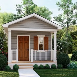 grey tiny home with white trim