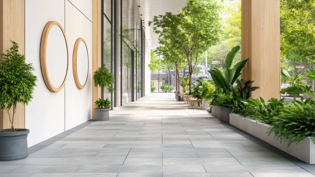green outdoor planters along walkway outside of building