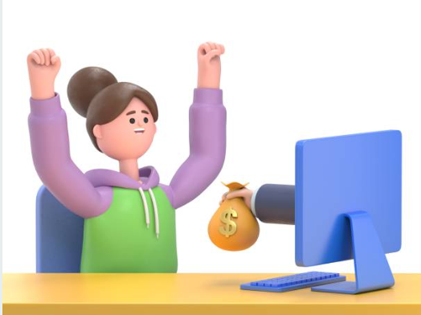 cartoon girl with hands raised looking at computer screen with arm holding money bag coming out of it