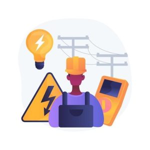 cartoon electrician with power poles in background