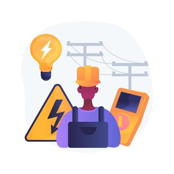 cartoon electrician with power poles in background
