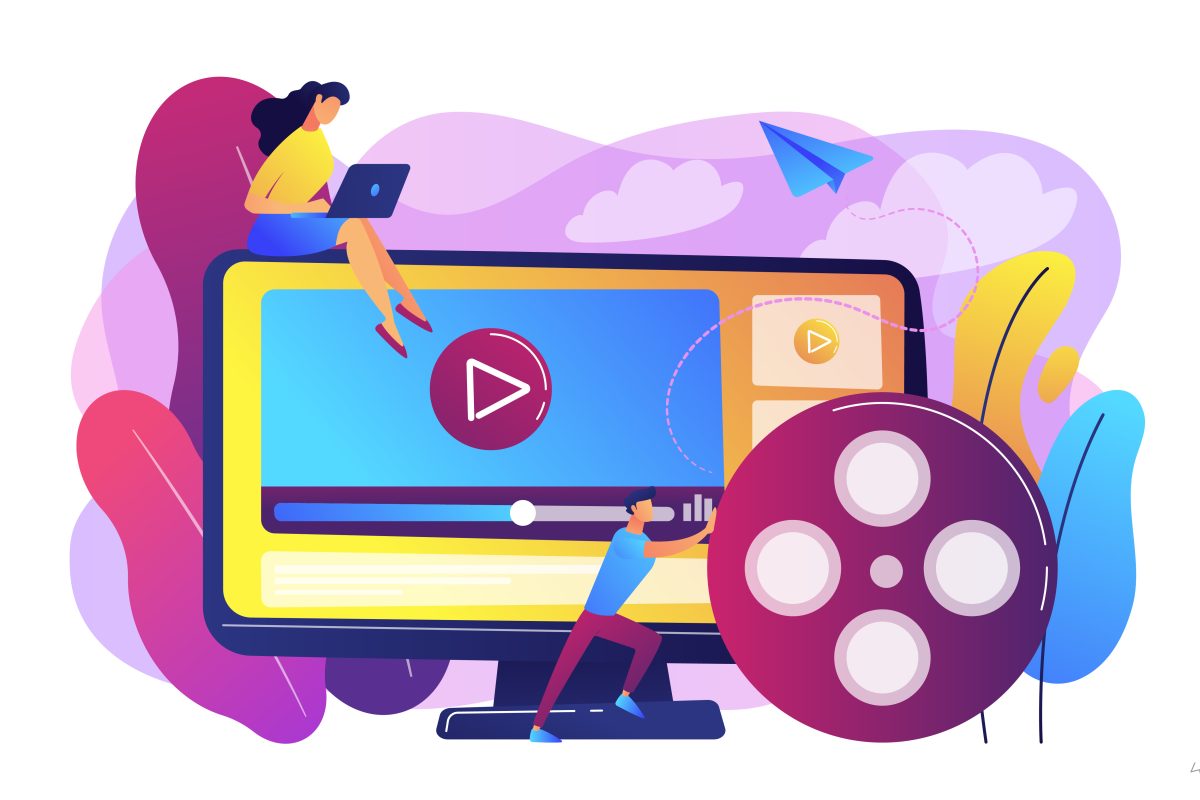 cartoon video marketing with a woman sitting on a computer screen on a laptop and a man pushing a movie reel
