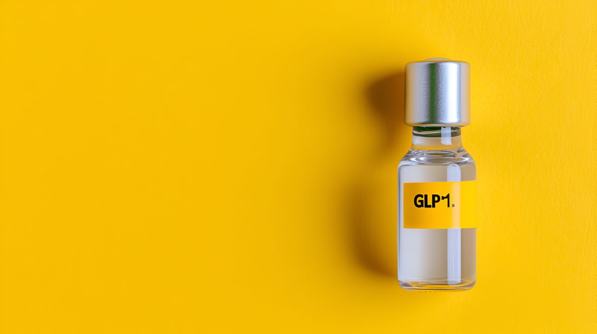 GLP1 in a glass container sitting on yellow background