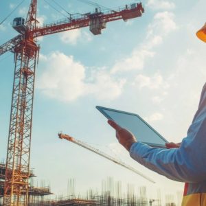 construction worker with helmet looks at plans under a crane