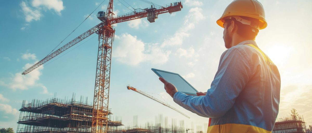 construction worker with helmet looks at plans under a crane