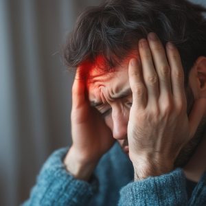 man with hands on his head in pain