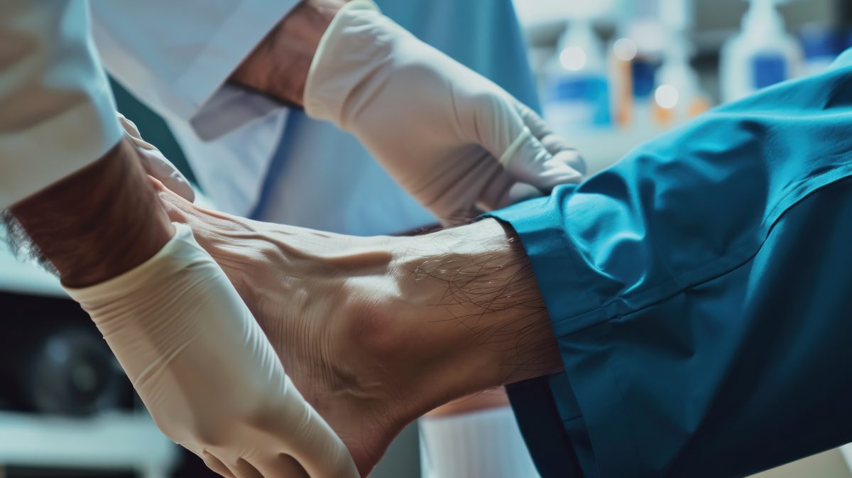 doctor holding an arthritis patient's ankle.