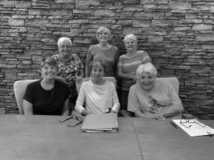 Making library support plans are (l to r), front row: Kathy Buckley, Carol Pate and Angie Abbott; and back row: Gloria Wright, President of the Board Helen Blackwell and Carolyn Johnson.