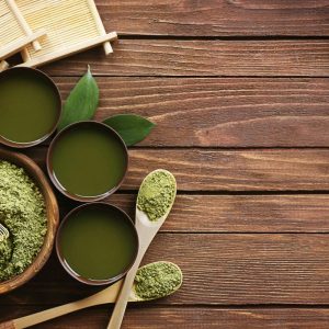 ceremonial tea set on wooden surface