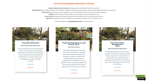 Each job posting will have a brief description, as well as links for more information and to the application page. Benefits for City employees are also located on the page.