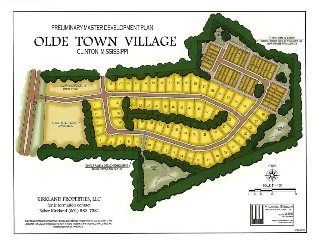 Shown is the plan for the property that required a rezoning. This plan included sixty-eight single-family homes and thirty-five townhomes, as well as commercial parcels fronting the Clinton Parkway and buffer zone areas to help protect the Clinton Community Nature Center. With the rezoning denied, development of the property will continue under its current R-1 zoning, which will include only single-family homes. The current zoning will eliminate the commercial parcels and the townhomes, and an attorney for the developer noted that it also eliminated the twenty-foot buffer zone that was included in the plan to help insulate the Clinton Community Nature Center.