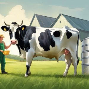 AI photo of man standing with tall cow on the pasture with barn in the background
