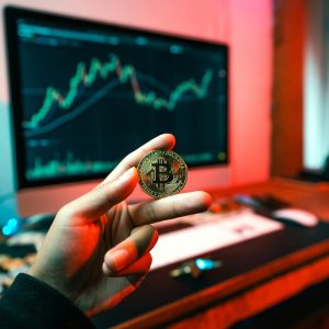 main holding a bitcoin between two fingers in front of computer with line graph