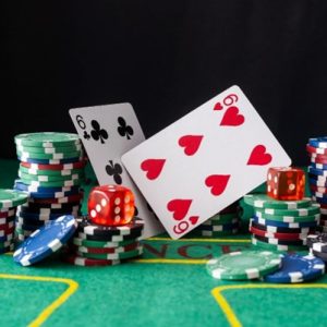 a poker table with chips and cards
