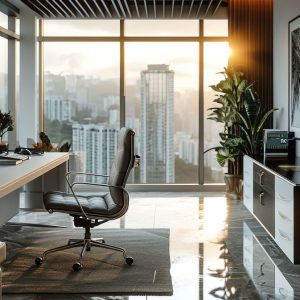 empty office chair in home office with windows overlooking the city landscape