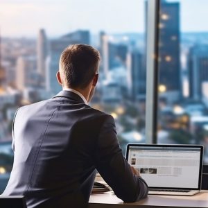 man in business suit sitting at desk in office looking out windows that overlook a city