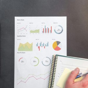hand sitting on notepad with laptop by graphs