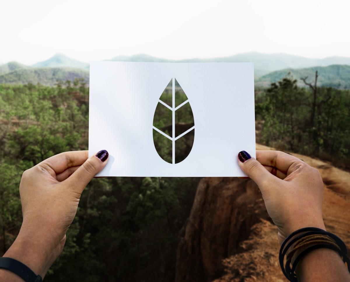 woman holding a piece of paper with a leaf shape cut out