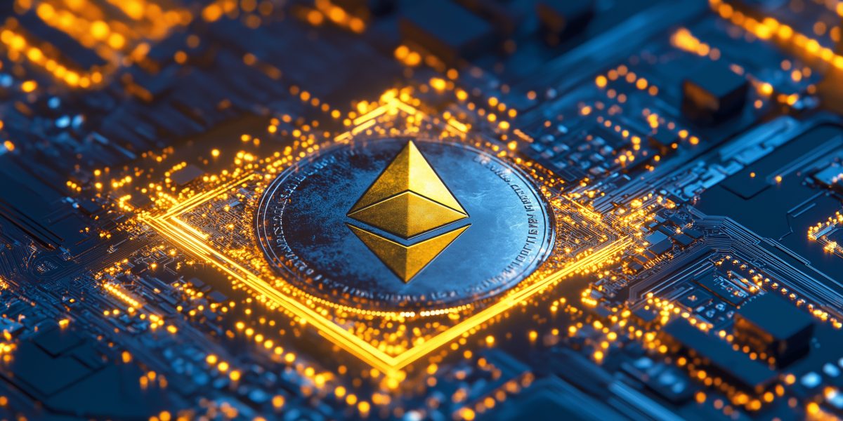 ethereum coin shown as a digital blueprint for development
