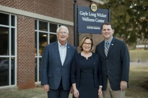 MC President Blake Thompson (right) visits with Gayle Long Wicker (center) and her husband, U.S. Sen. Roger Wicker (left), shortly after the naming ceremony for the Gayle Long Wicker Wellness Center at Mississippi College.