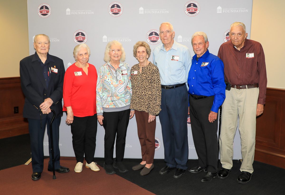 Hinds Community College recently recognized high school and college graduates from the 1960s decade at its annual 50+ reunion held as part of Homecoming week festivities. Pictured (l to r) are 1950s graduates Douglas Moore (1954) of Jackson, Sarah McElvoy Lancaster (1957) of Clinton, Margarita Morris Stanford (1958) of Clinton, Martha Gillespie Ferguson (1956) of Raymond, Bill Ferguson (1959) of Learned, Ron Melancon (1959) of Picayune and Charles Stuart Spann (1956) of Raymond.
