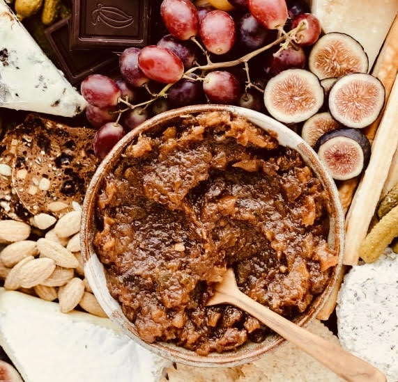 Apple chutney is a delicious addition to a charcuterie board of meats, fruits and cheeses.