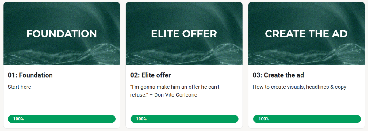 foundation, elite offer, and create ad in green boxes