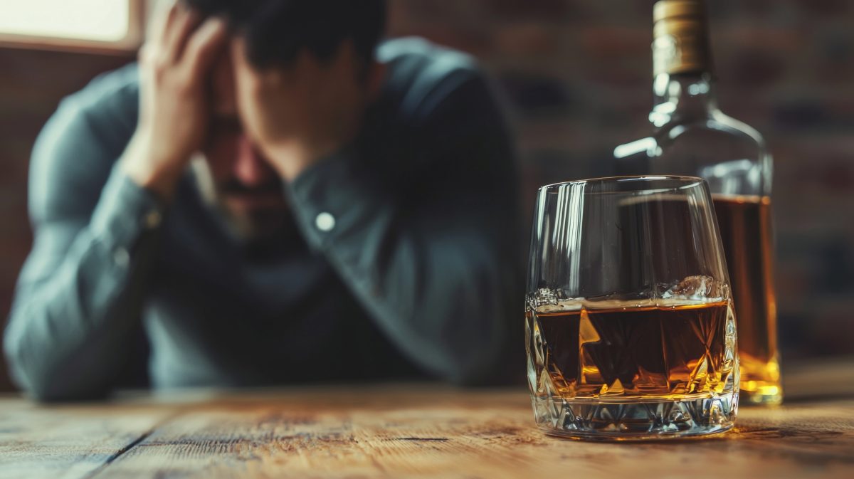 man with hands on his head behind a bottle of alcohol sitting on a table