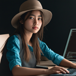 woman sitting at a computer with hat
