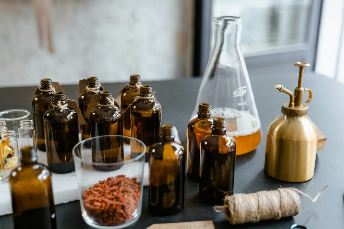 brown vials sitting on table top