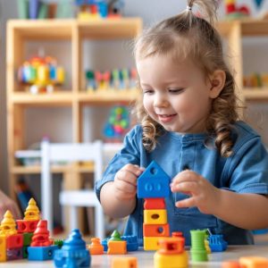 blonde female child playing with blocks on a table with mother in the background