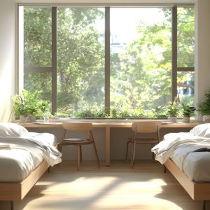 two beds and two desks in front of a large window