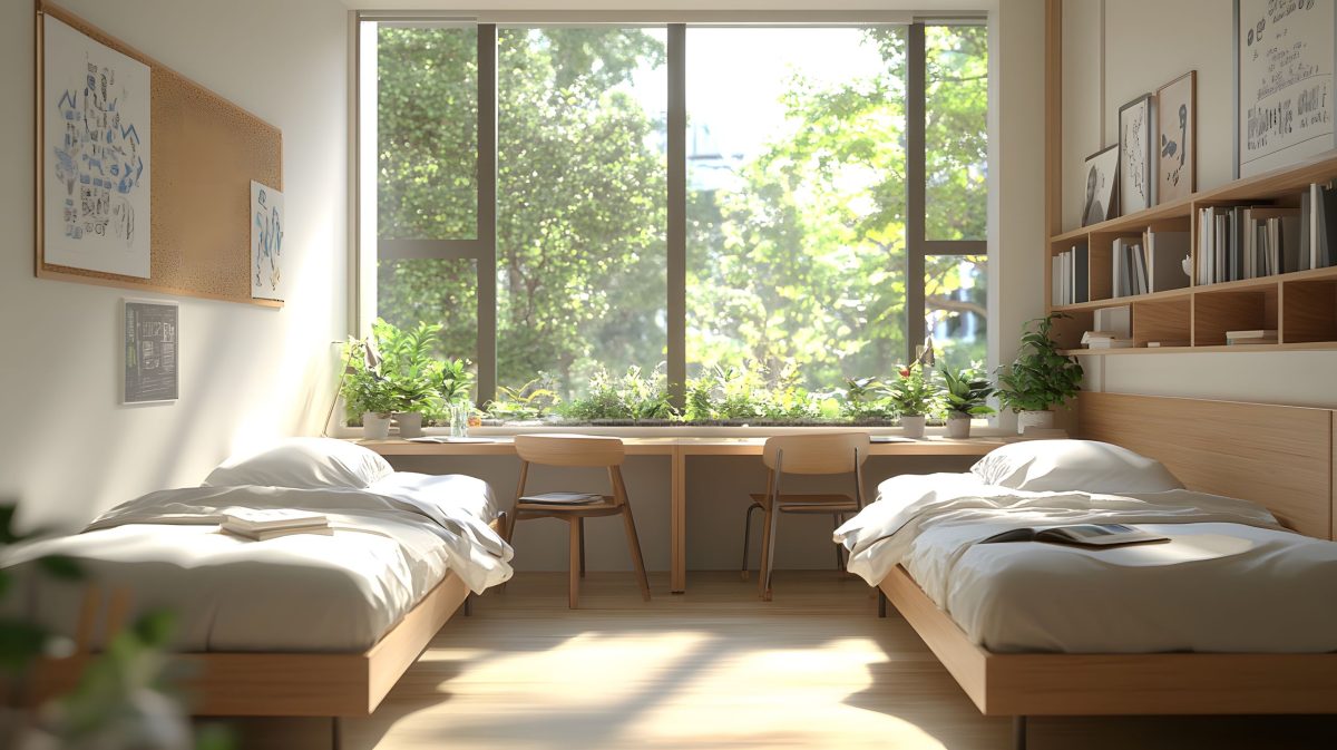 two beds and two desks in front of a large window