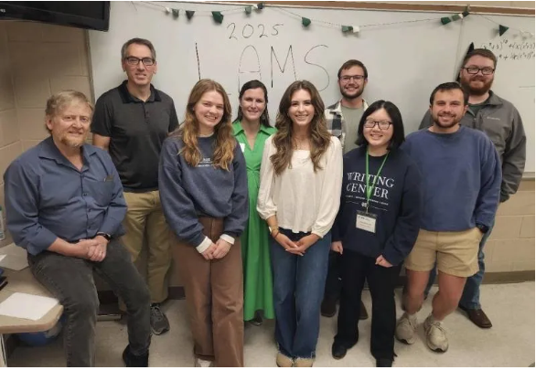 MC students and faculty attending the annual MAA Section Meeting include, from left, John Travis, professor of mathematics; Daniel Watson, associate professor and chair of mathematics; Linda Kingma; Taylor Poe, assistant professor of mathematics; Kennedy Maloney; Nash Euto; Michelle Harvath; Robert Pennell; and Thian Sumrall.