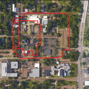 On this graphic, some of the many Olde Towne attractions and nearby available parking are shown included within the red outline, which is the same size as the Clinton Wal-mart lot, exhibiting that significant numbers of parking spaces are within easy walking distance from the attractions, even though they may not be located directly in front of the business or destination.
