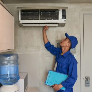 maintenance man in blue uniform checking air conditioner