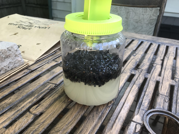 a jar with green lid with black and white substance inside